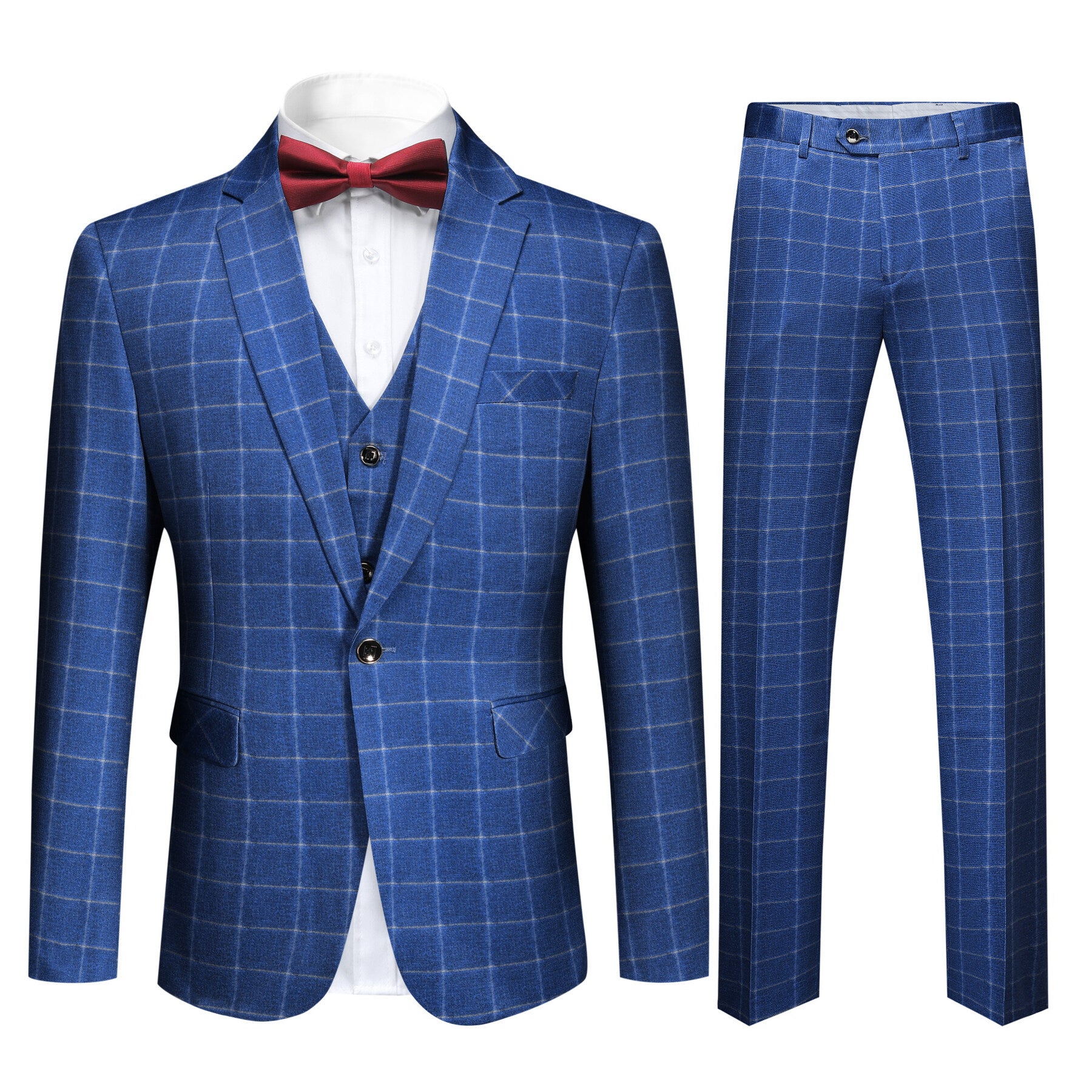 Royal Blue # Men's slim fit 3-piece royal blue plaid modern suit with peaked lapel and button closure, stylish blue checkered formal blazer jacket with matching vest and flat-front trousers with extended waist strap for business, wedding, prom and daily wear, isolated on white background.
