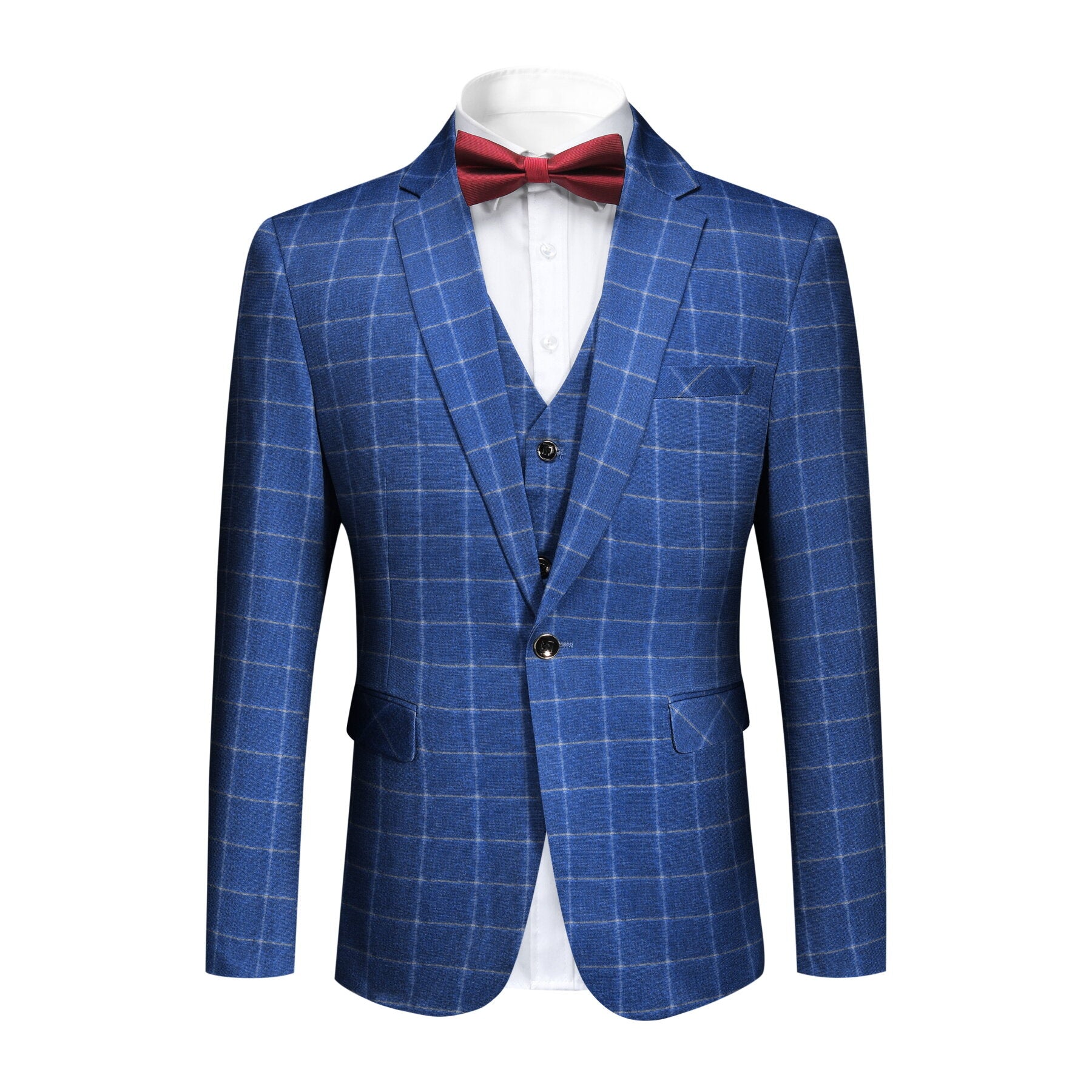 Royal Blue # Men's slim fit 3-piece royal blue plaid modern suit with peaked lapel and button closure, stylish blue checkered formal blazer jacket with matching vest and flat-front trousers with extended waist strap for business, wedding, prom and daily wear, isolated on white background.
