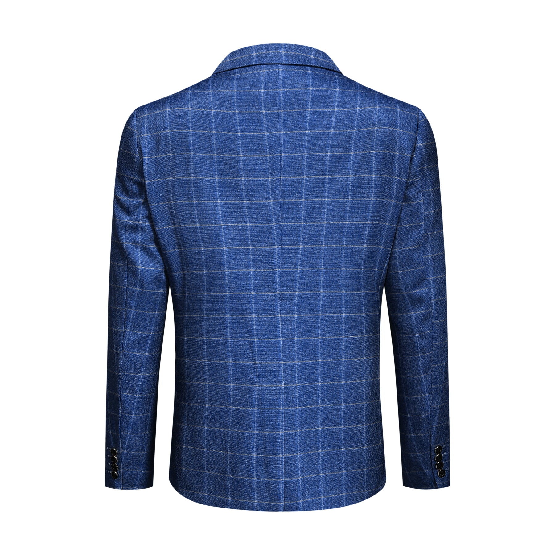 Royal Blue # Men's slim fit 3-piece royal blue plaid modern suit with peaked lapel and button closure, stylish blue checkered formal blazer jacket with matching vest and flat-front trousers with extended waist strap for business, wedding, prom and daily wear, isolated on white background.