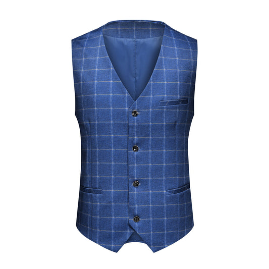 Royal Blue # Men's slim fit 3-piece royal blue plaid modern suit with peaked lapel and button closure, stylish blue checkered formal blazer jacket with matching vest and flat-front trousers with extended waist strap for business, wedding, prom and daily wear, isolated on white background.