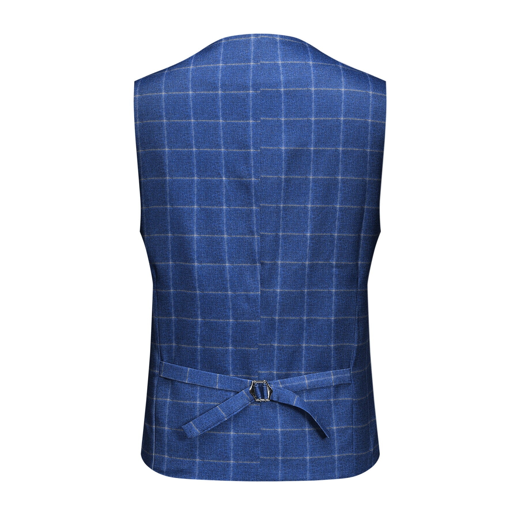 Royal Blue # Men's slim fit 3-piece royal blue plaid modern suit with peaked lapel and button closure, stylish blue checkered formal blazer jacket with matching vest and flat-front trousers with extended waist strap for business, wedding, prom and daily wear, isolated on white background.
