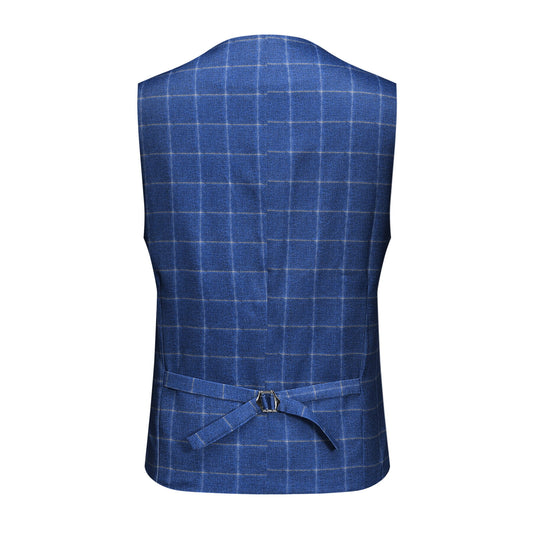 Royal Blue # Men's slim fit 3-piece royal blue plaid modern suit with peaked lapel and button closure, stylish blue checkered formal blazer jacket with matching vest and flat-front trousers with extended waist strap for business, wedding, prom and daily wear, isolated on white background.