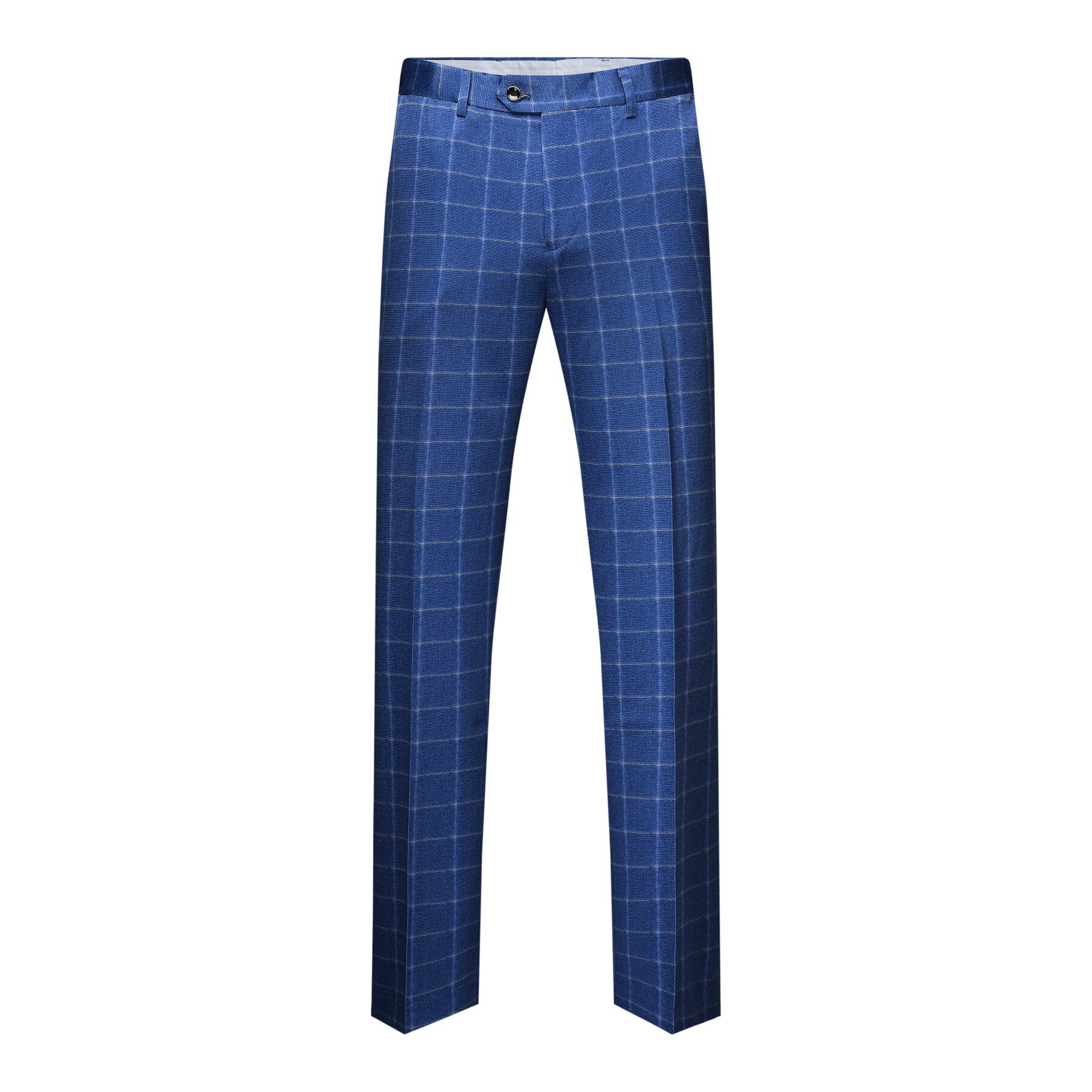 Royal Blue # Men's slim fit 3-piece royal blue plaid modern suit with peaked lapel and button closure, stylish blue checkered formal blazer jacket with matching vest and flat-front trousers with extended waist strap for business, wedding, prom and daily wear, isolated on white background.