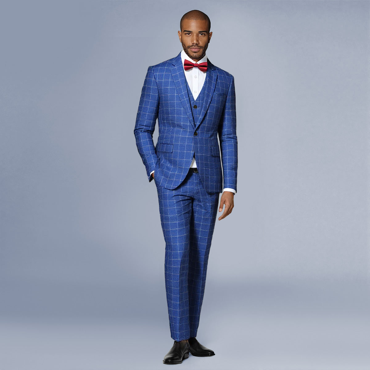 Royal Blue # Men's slim fit 3-piece royal blue plaid modern suit with peaked lapel and button closure, stylish blue checkered formal blazer jacket with matching vest and flat-front trousers with extended waist strap for business, wedding, prom and daily wear, isolated on white background.