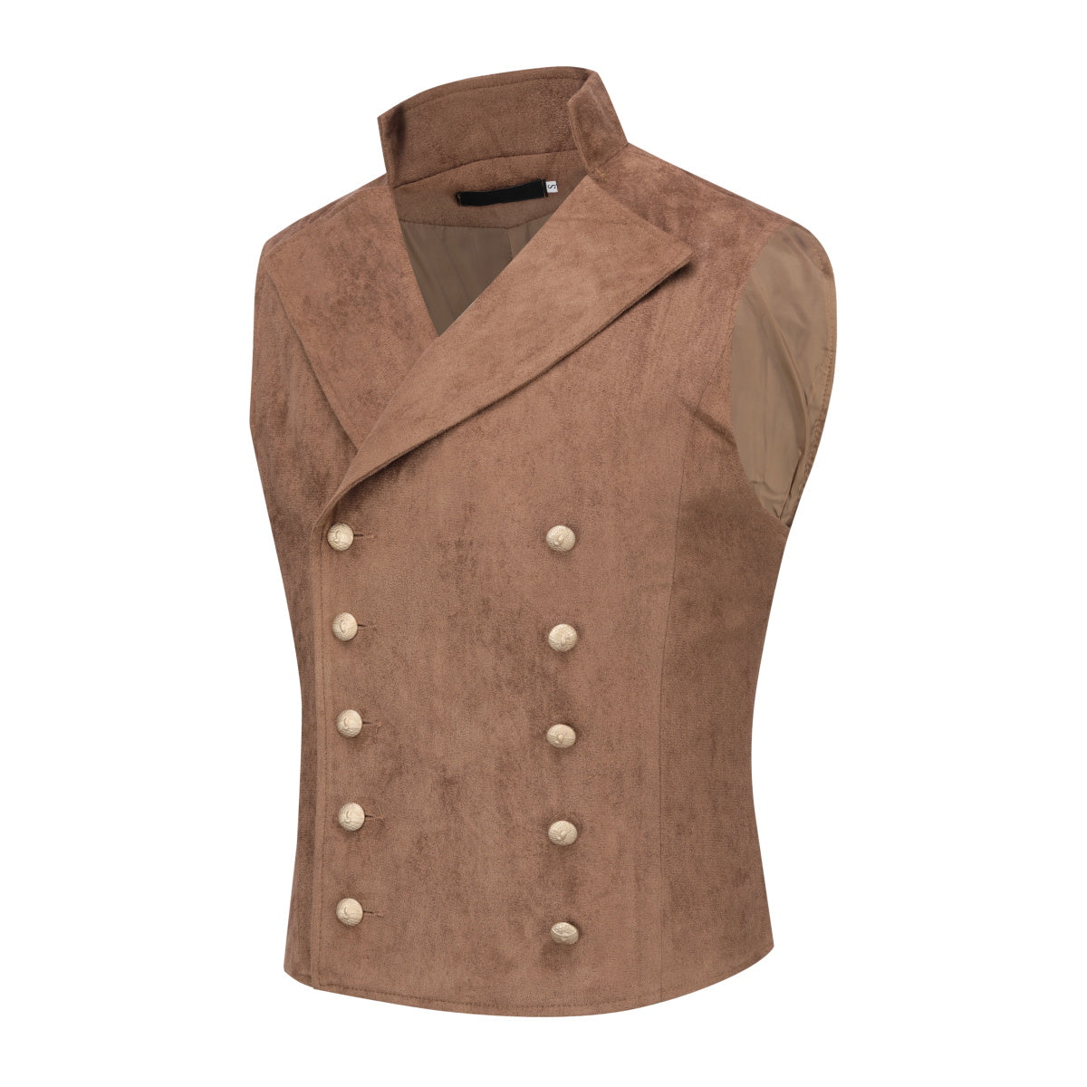 Brown # Men's slim fit double-breasted velvet vest with stand collar and button closure, brown gothic steampunk sleeveless tailcoat in premium faux suede fabric with medieval victorian style for wedding, cosplay, prom, party, stage and Halloween, isolated on white background.