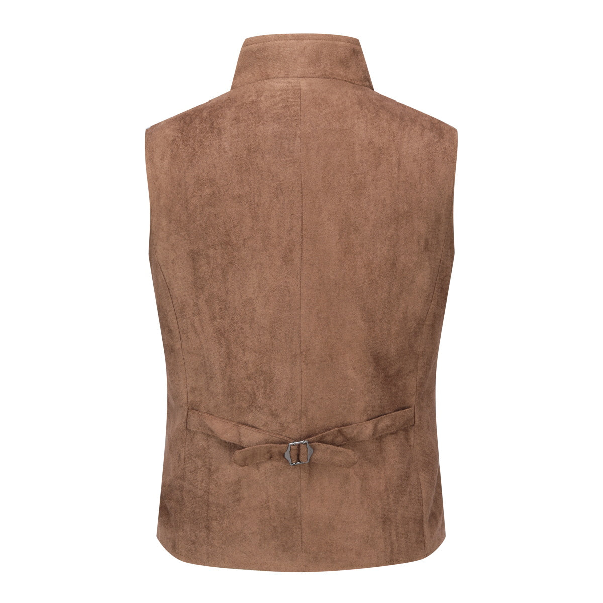 Brown # Men's slim fit double-breasted velvet vest with stand collar and button closure, brown gothic steampunk sleeveless tailcoat in premium faux suede fabric with medieval victorian style for wedding, cosplay, prom, party, stage and Halloween, isolated on white background.