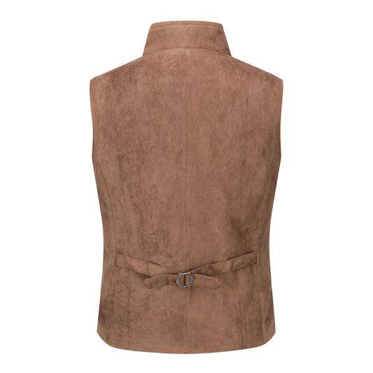 Brown # Men's slim fit double-breasted velvet vest with stand collar and button closure, brown gothic steampunk sleeveless tailcoat in premium faux suede fabric with medieval victorian style for wedding, cosplay, prom, party, stage and Halloween, isolated on white background.