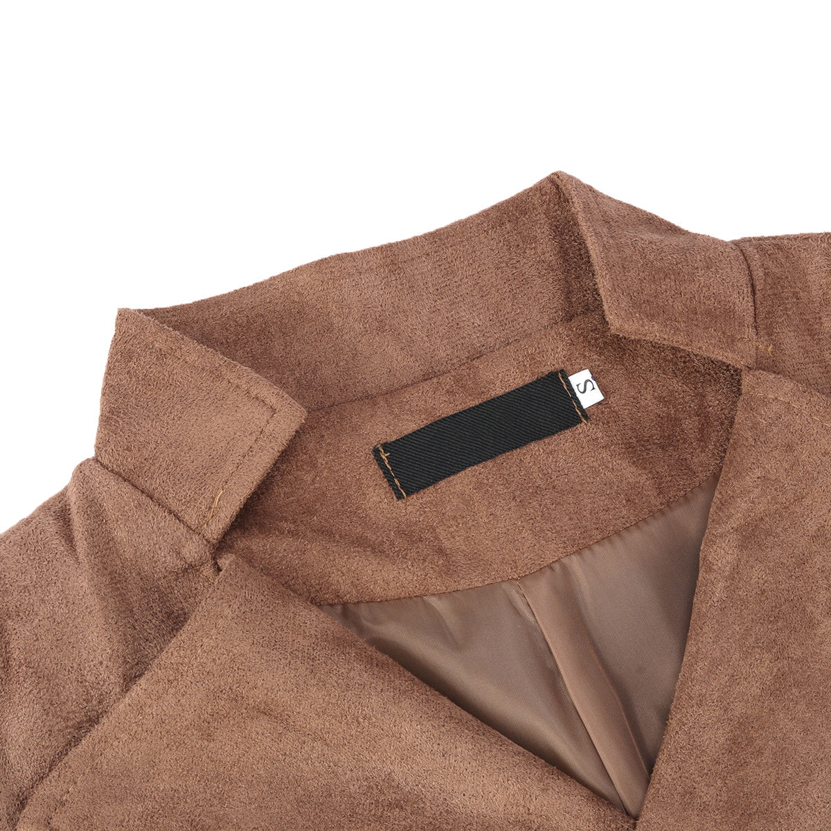 Brown # Men's slim fit double-breasted velvet vest with stand collar and button closure, brown gothic steampunk sleeveless tailcoat in premium faux suede fabric with medieval victorian style for wedding, cosplay, prom, party, stage and Halloween, isolated on white background.