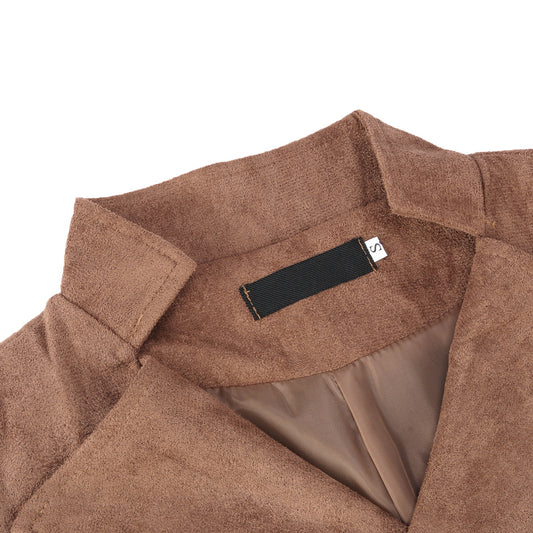 Brown # Men's slim fit double-breasted velvet vest with stand collar and button closure, brown gothic steampunk sleeveless tailcoat in premium faux suede fabric with medieval victorian style for wedding, cosplay, prom, party, stage and Halloween, isolated on white background.