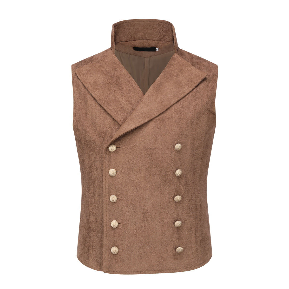 Brown # Men's slim fit double-breasted velvet vest with stand collar and button closure, brown gothic steampunk sleeveless tailcoat in premium faux suede fabric with medieval victorian style for wedding, cosplay, prom, party, stage and Halloween, isolated on white background.
