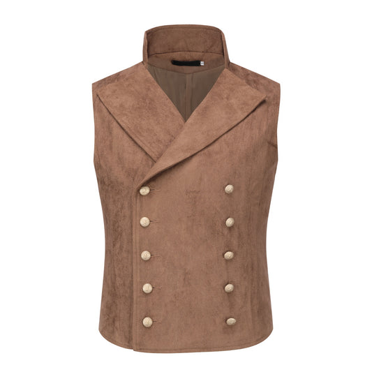 Brown # Men's slim fit double-breasted velvet vest with stand collar and button closure, brown gothic steampunk sleeveless tailcoat in premium faux suede fabric with medieval victorian style for wedding, cosplay, prom, party, stage and Halloween, isolated on white background.