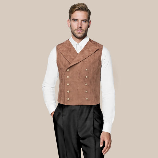 Brown # Men's slim fit double-breasted velvet vest with stand collar and button closure, brown gothic steampunk sleeveless tailcoat in premium faux suede fabric with medieval victorian style for wedding, cosplay, prom, party, stage and Halloween, isolated on white background.