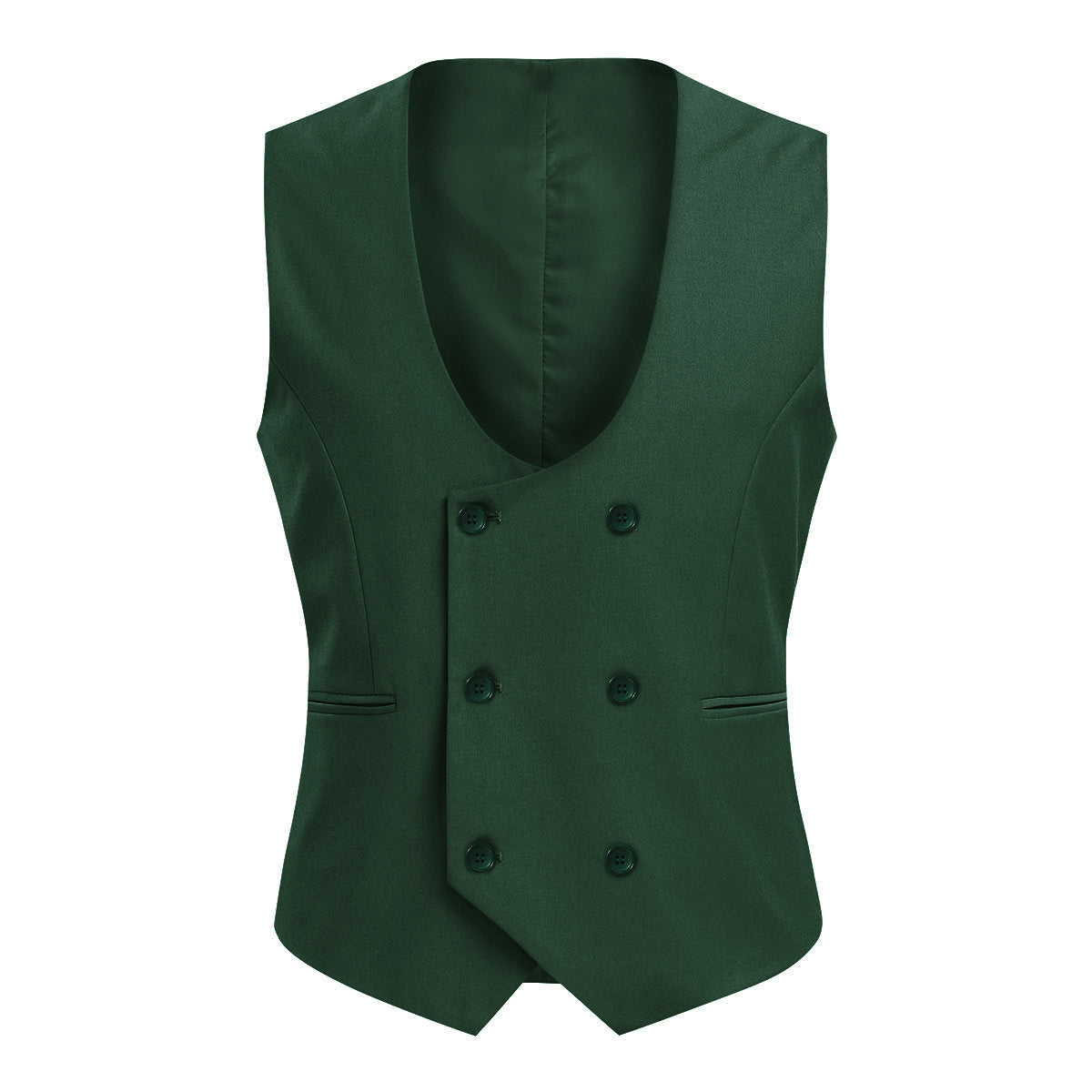 Green # Men's slim fit double breasted vest with U-neck and sleeveless design, adjustable strap belt and fully lined, elegant green formal waistcoat for wedding, banquet, party, office and daily wear, isolated on white background.