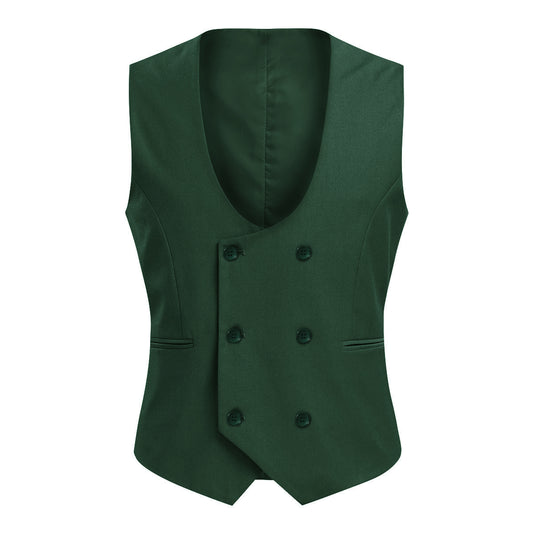 Green # Men's slim fit double breasted vest with U-neck and sleeveless design, adjustable strap belt and fully lined, elegant green formal waistcoat for wedding, banquet, party, office and daily wear, isolated on white background.