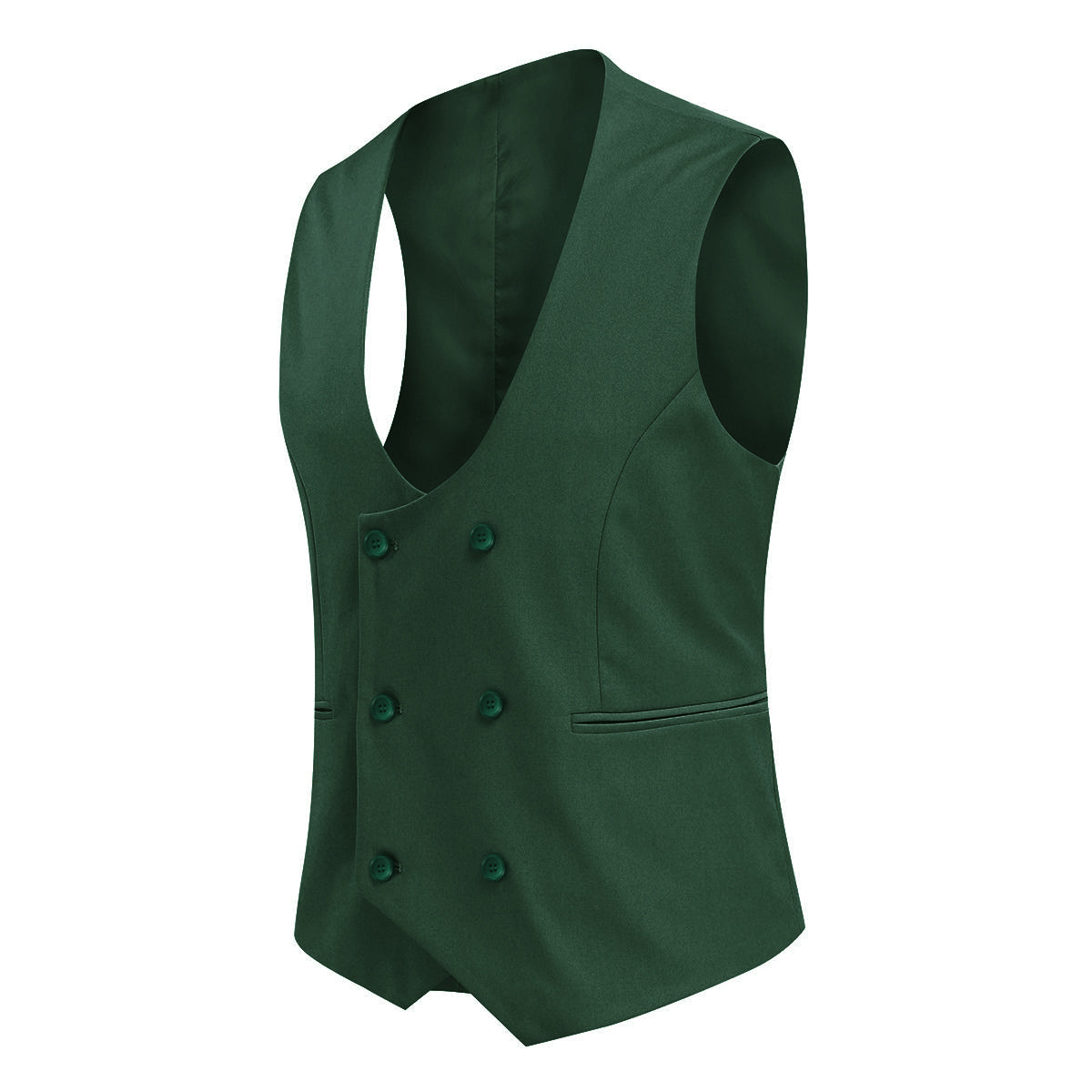 Green # Men's slim fit double breasted vest with U-neck and sleeveless design, adjustable strap belt and fully lined, elegant green formal waistcoat for wedding, banquet, party, office and daily wear, isolated on white background.