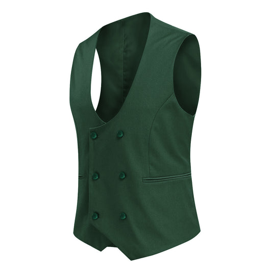 Green # Men's slim fit double breasted vest with U-neck and sleeveless design, adjustable strap belt and fully lined, elegant green formal waistcoat for wedding, banquet, party, office and daily wear, isolated on white background.