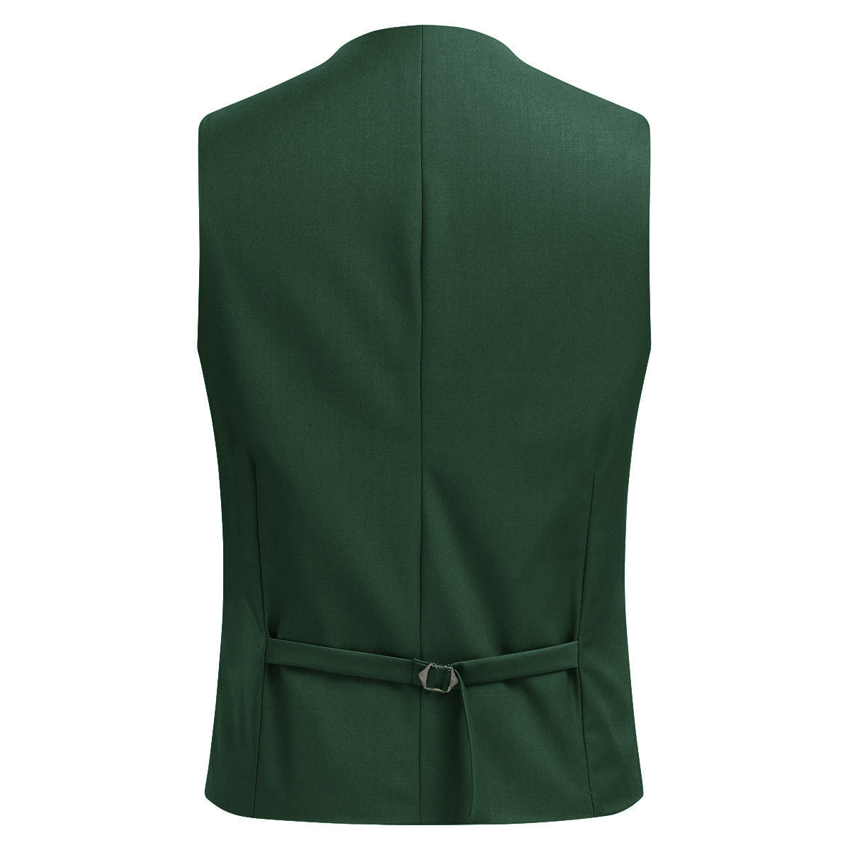 Green # Men's slim fit double breasted vest with U-neck and sleeveless design, adjustable strap belt and fully lined, elegant green formal waistcoat for wedding, banquet, party, office and daily wear, isolated on white background.
