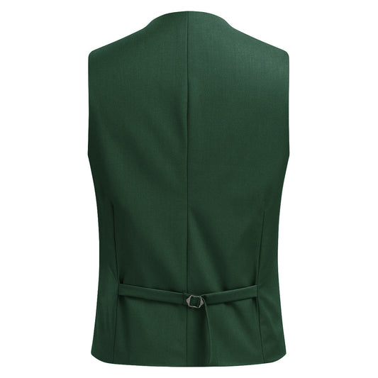 Green # Men's slim fit double breasted vest with U-neck and sleeveless design, adjustable strap belt and fully lined, elegant green formal waistcoat for wedding, banquet, party, office and daily wear, isolated on white background.
