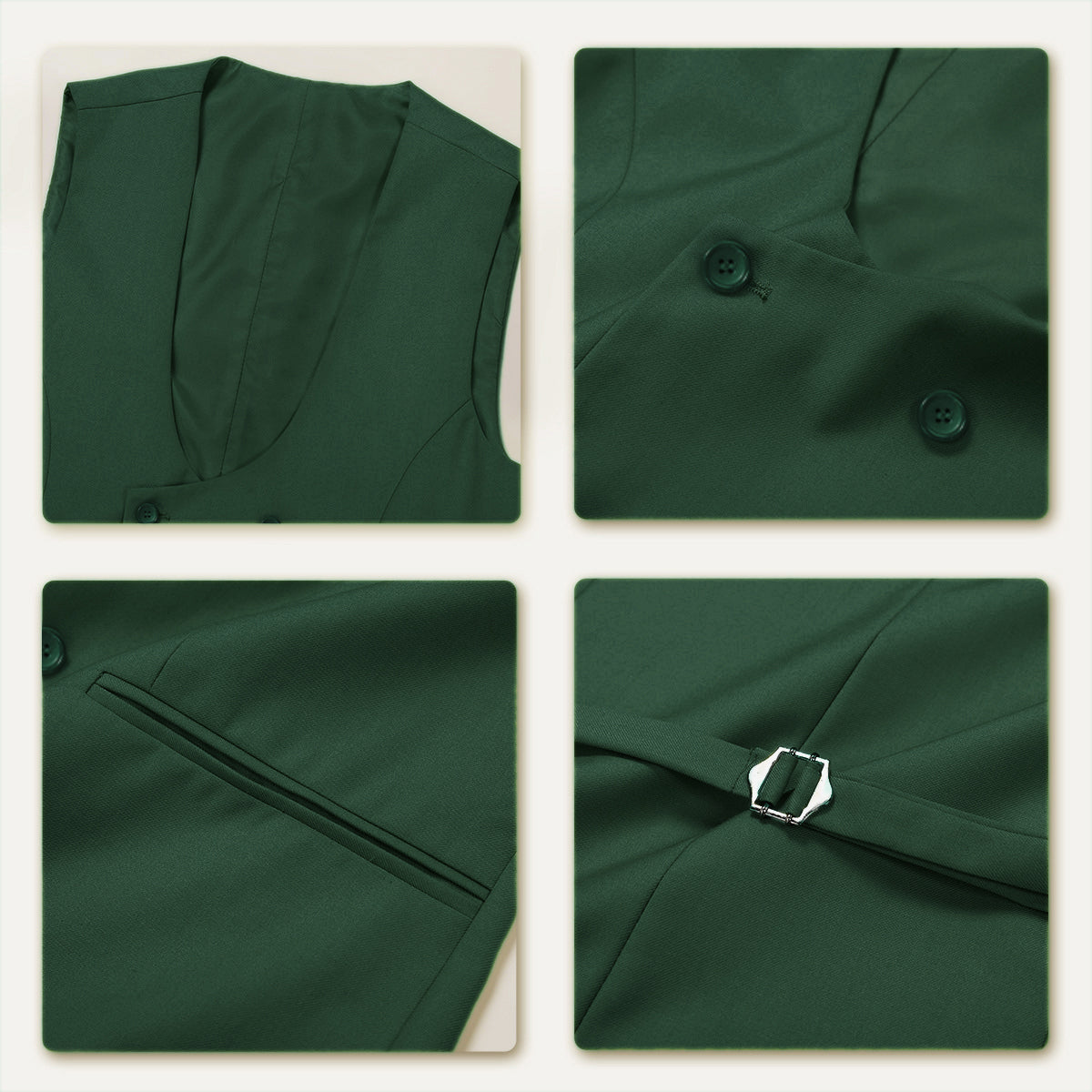 Green # Men's slim fit double breasted vest with U-neck and sleeveless design, adjustable strap belt and fully lined, elegant green formal waistcoat for wedding, banquet, party, office and daily wear, isolated on white background.