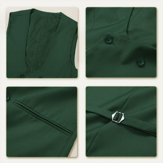 Green # Men's slim fit double breasted vest with U-neck and sleeveless design, adjustable strap belt and fully lined, elegant green formal waistcoat for wedding, banquet, party, office and daily wear, isolated on white background.