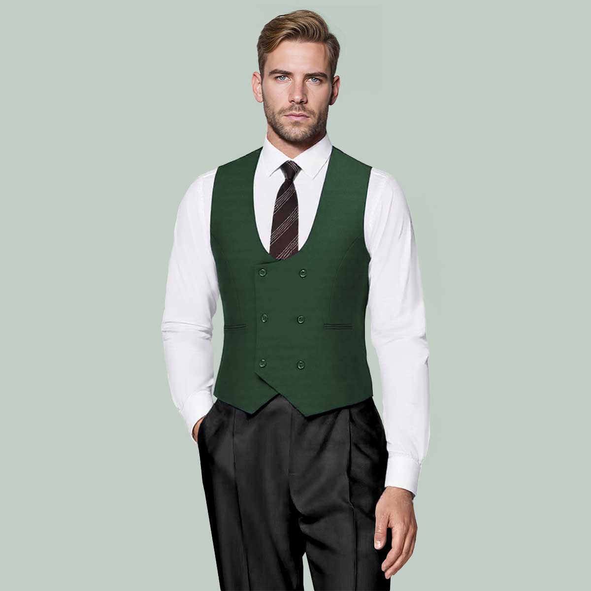 Green # Men's slim fit double breasted vest with U-neck and sleeveless design, adjustable strap belt and fully lined, elegant green formal waistcoat for wedding, banquet, party, office and daily wear, isolated on white background.