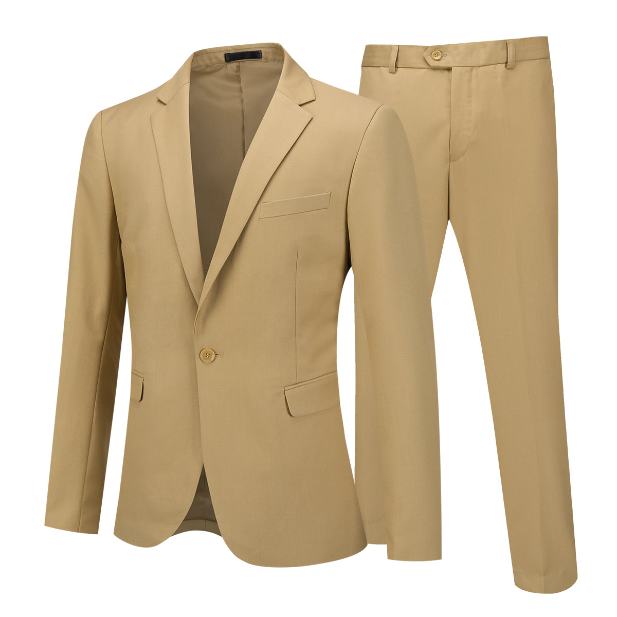 Khaki # Men's slim fit 2-piece casual suit with peaked lapel and button closure, khaki formal blazer jacket with four-button cuffs and matching flat-front trousers with extended waist strap and slanted side pockets, breathable polyester suit for business, wedding, office and daily wear, isolated on white background.