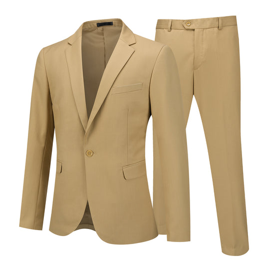 Khaki # Men's slim fit 2-piece casual suit with peaked lapel and button closure, khaki formal blazer jacket with four-button cuffs and matching flat-front trousers with extended waist strap and slanted side pockets, breathable polyester suit for business, wedding, office and daily wear, isolated on white background.
