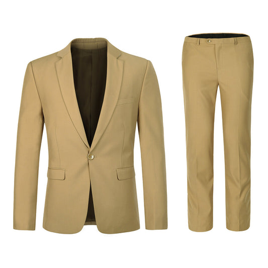 Khaki # Men's slim fit 2-piece casual suit with peaked lapel and button closure, khaki formal blazer jacket with four-button cuffs and matching flat-front trousers with extended waist strap and slanted side pockets, breathable polyester suit for business, wedding, office and daily wear, isolated on white background.
