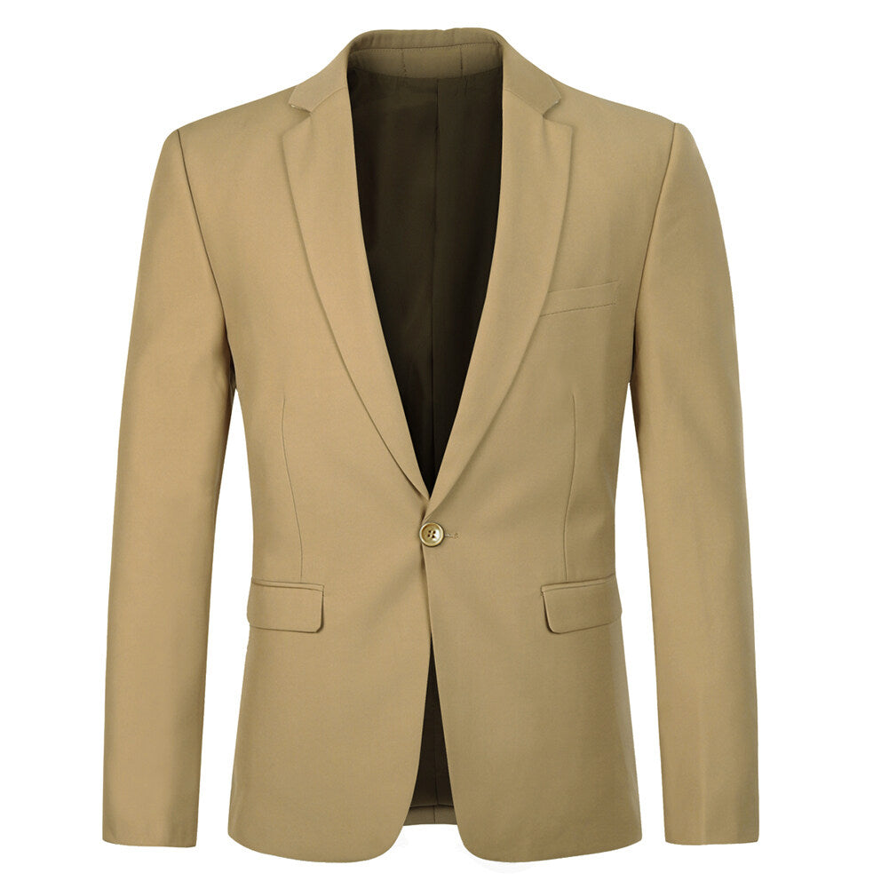 Khaki # Men's slim fit 2-piece casual suit with peaked lapel and button closure, khaki formal blazer jacket with four-button cuffs and matching flat-front trousers with extended waist strap and slanted side pockets, breathable polyester suit for business, wedding, office and daily wear, isolated on white background.