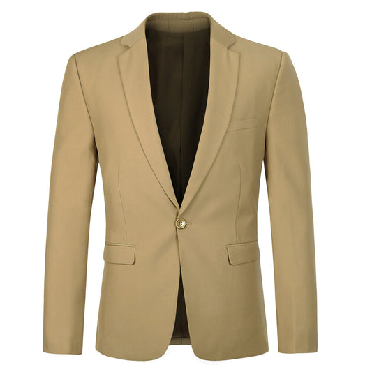 Khaki # Men's slim fit 2-piece casual suit with peaked lapel and button closure, khaki formal blazer jacket with four-button cuffs and matching flat-front trousers with extended waist strap and slanted side pockets, breathable polyester suit for business, wedding, office and daily wear, isolated on white background.
