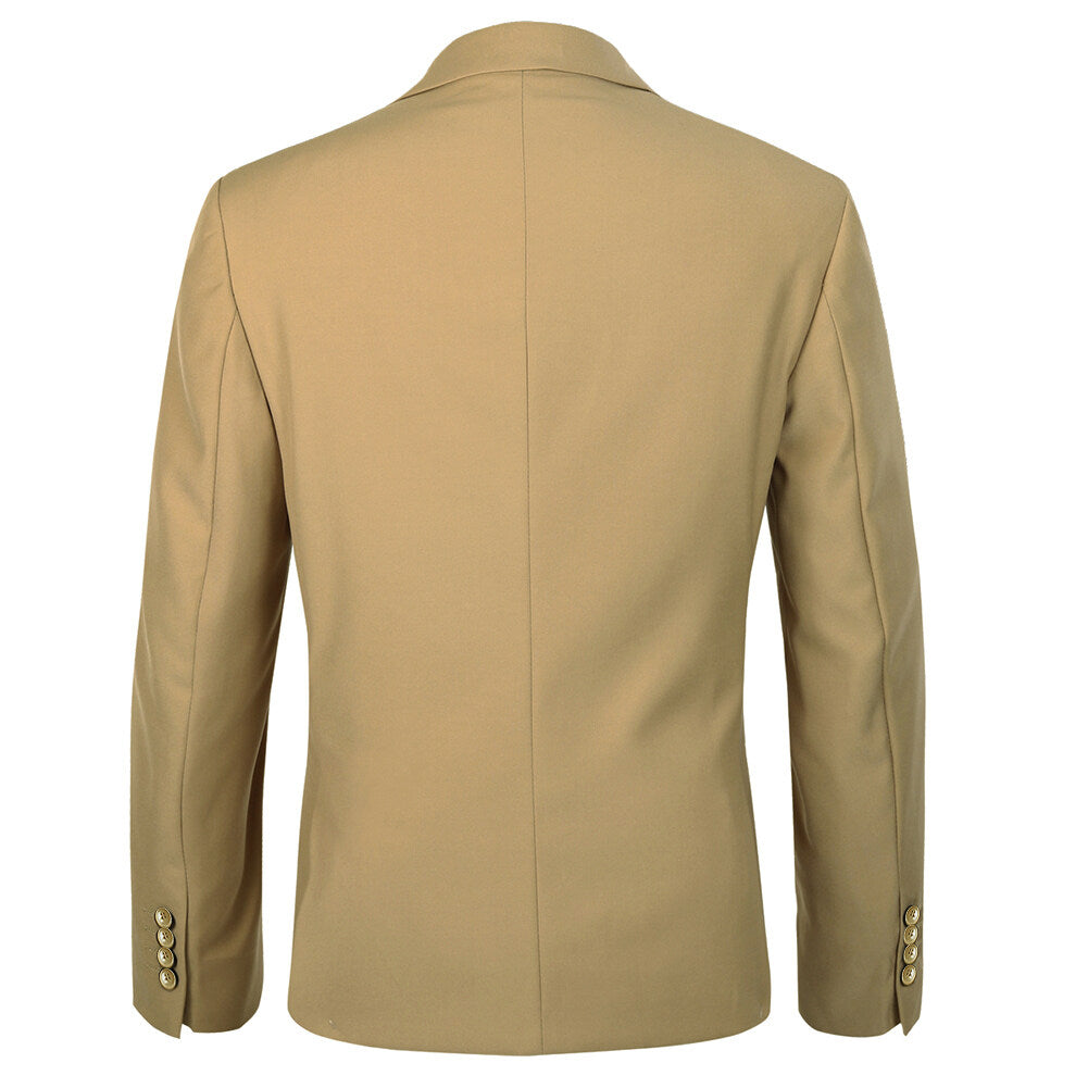 Khaki # Men's slim fit 2-piece casual suit with peaked lapel and button closure, khaki formal blazer jacket with four-button cuffs and matching flat-front trousers with extended waist strap and slanted side pockets, breathable polyester suit for business, wedding, office and daily wear, isolated on white background.