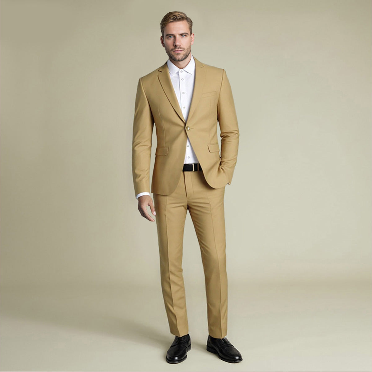 Khaki # Men's slim fit 2-piece casual suit with peaked lapel and button closure, khaki formal blazer jacket with four-button cuffs and matching flat-front trousers with extended waist strap and slanted side pockets, breathable polyester suit for business, wedding, office and daily wear, isolated on white background.