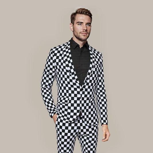 Multi-color # Men's slim fit checkerboard print plaid blazer with one-button notched lapel and single-breasted closure, multi-color sport coat with random cutting printed pattern and soft breathable polyester viscose blend fabric for party, prom, banquet, show and celebration, isolated on white background.