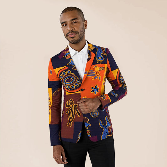 Orange # Men's two-button floral printed casual blazer with notched lapel and center back vent, orange sport coat with random cutting floral pattern, two front flap pockets and three-button cuffs, soft spandex polyester blend jacket for party, prom, wedding and daily wear, isolated on white background.