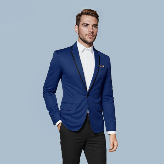 Navy # Men's one-button solid color casual blazer with flat collar and single-breasted closure, stylish navy sport coat jacket with premium polyester viscose blend fabric for daily business, office, wedding and party wear, isolated on white background.