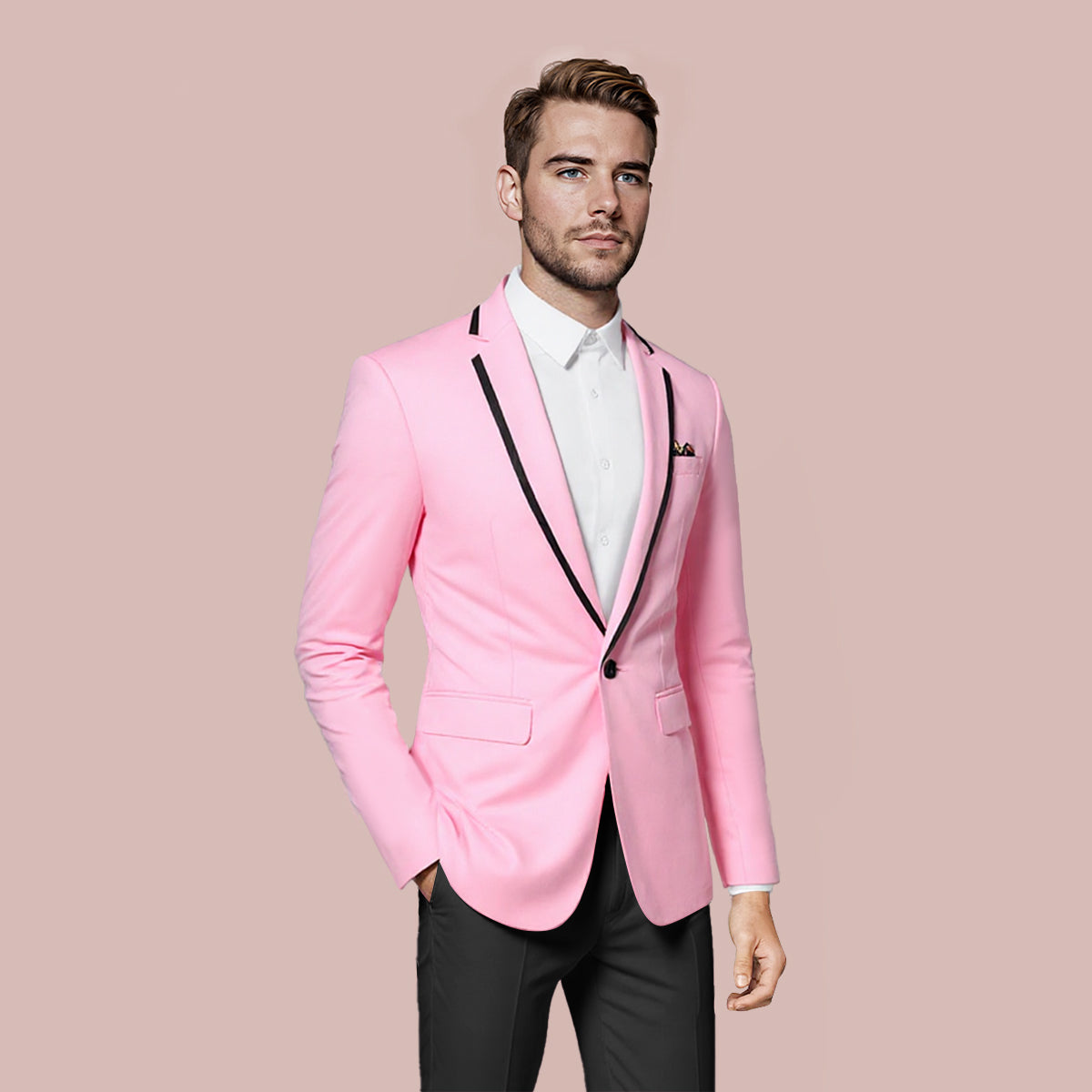 Pink # Men's one-button solid color casual blazer with flat collar and single-breasted closure, stylish pink sport coat jacket with premium polyester viscose blend fabric for daily business, office, wedding and party wear, isolated on white background.
