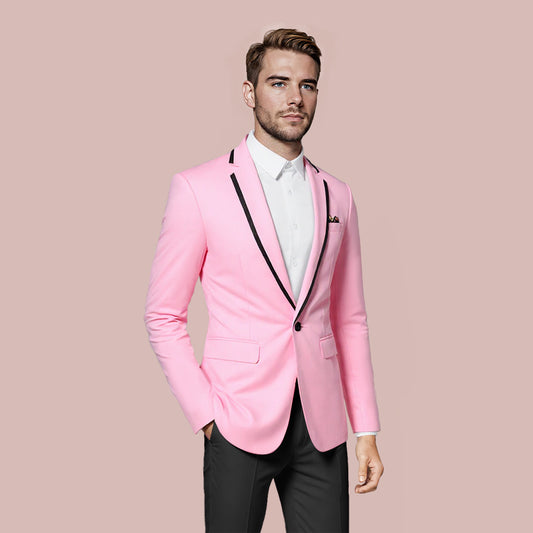 Pink # Men's one-button solid color casual blazer with flat collar and single-breasted closure, stylish pink sport coat jacket with premium polyester viscose blend fabric for daily business, office, wedding and party wear, isolated on white background.