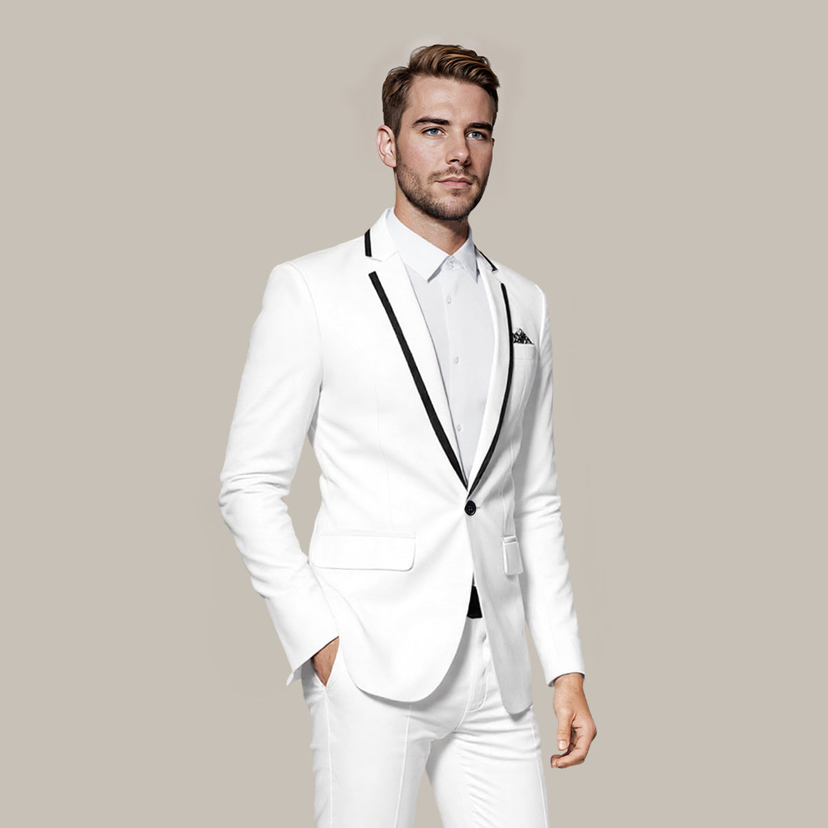 White # Men's one-button solid color casual blazer with flat collar and single-breasted closure, stylish white sport coat jacket with premium polyester viscose blend fabric and button-front design for business, office, wedding and daily wear, isolated on white background.
