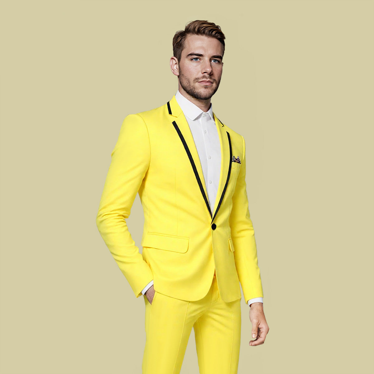 Yellow # Men's one-button solid color casual blazer with flat collar and single-breasted closure, stylish yellow sport coat jacket with premium polyester viscose blend fabric and环保 buttons for daily business, office, wedding and party wear, isolated on white background.