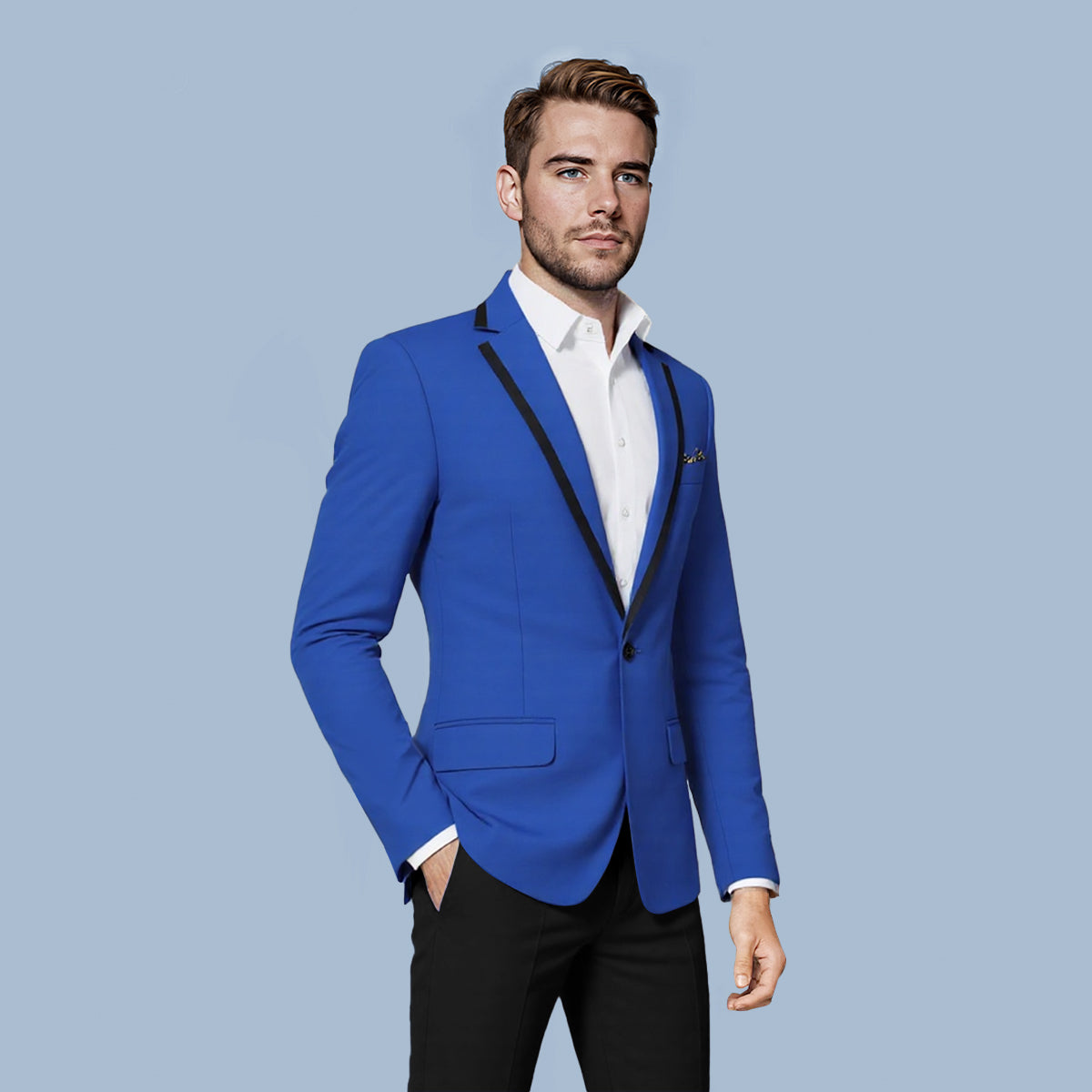 Blue # Men's one-button solid color casual blazer with flat collar and single-breasted closure, classic blue sport coat jacket with premium polyester viscose blend fabric for business, office, wedding and daily wear, isolated on white background.