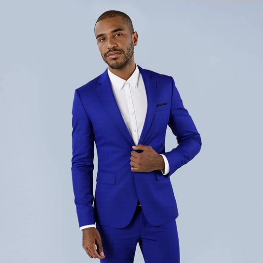 Dark Blue # Men's slim fit casual blazer with notched lapel and buttoned cuffs, dark blue daily sport coat with chest pocket and fixed floral pocket-square, one inner pocket and two side flap pockets, premium polyester jacket for business, office, party and daily wear, isolated on white background.