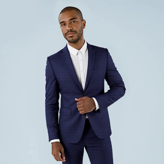 Navy # Men's slim fit casual blazer with notched lapel and 3D tailored cut, navy blue daily sport coat with buttoned cuffs, chest pocket with fixed floral pocket-square, two side flap pockets and one inner pocket for business, office, party, wedding and daily wear, isolated on white background.