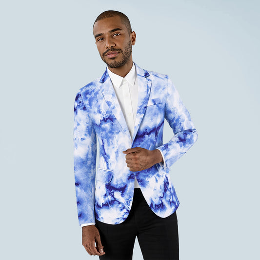Blue # Men's one-button printed lapel collar blazer with notched lapel and single-breasted closure, stylish blue sport coat jacket with soft breathable polyester spandex fabric for party, prom, banquet, show and special occasions, isolated on white background.