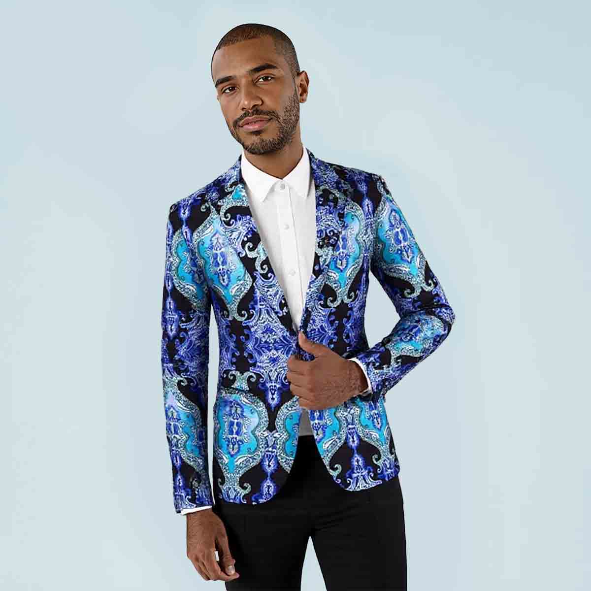 Blue # Men's slim fit casual fancy printed floral blazer jacket with chic design and excellent stitching, soft smooth polyester party coat for prom, banquet, show, celebration and special events, isolated on white background.