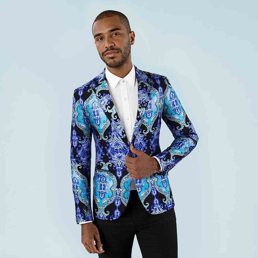 Blue # Men's slim fit casual fancy printed floral blazer jacket with chic design and excellent stitching, soft smooth polyester party coat for prom, banquet, show, celebration and special events, isolated on white background.