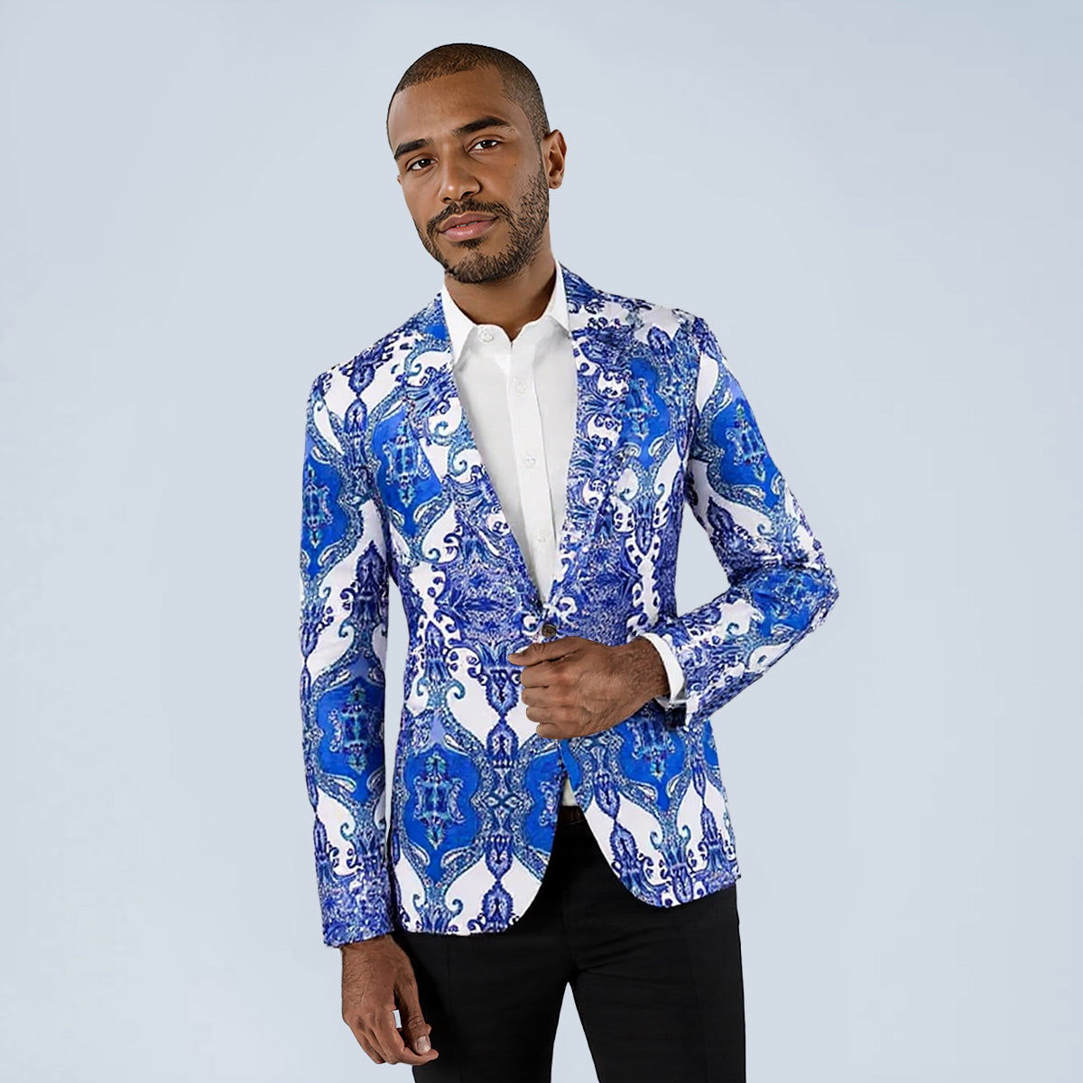 Light Blue # Men's slim fit casual fancy printed floral blazer jacket with chic design and soft polyester fabric, light blue party sport coat with excellent stitching for prom, banquet, celebration, festival and special occasions, isolated on white background.