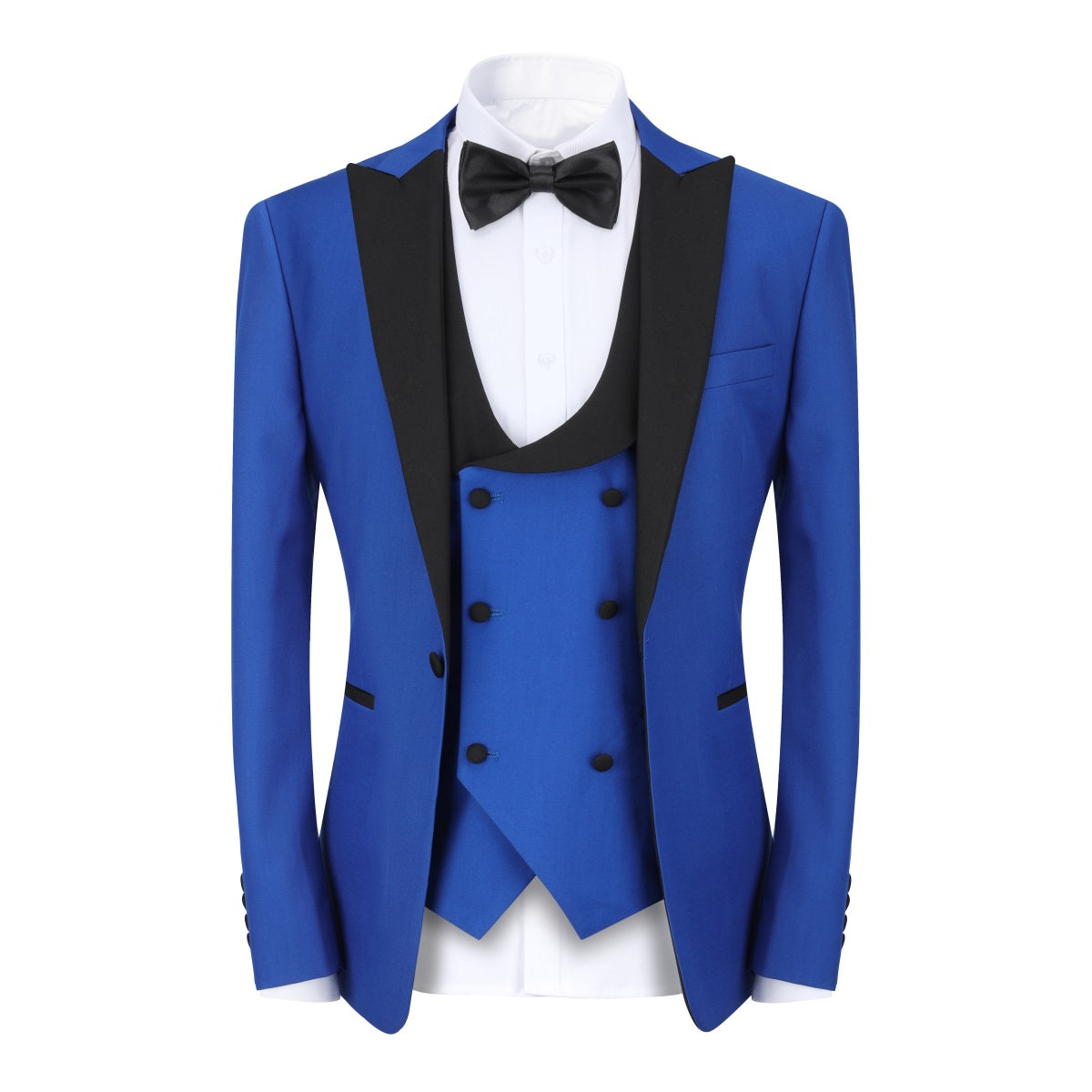 Blue # Men's 3-piece one-button slim fit tuxedo suit with peaked lapel and button closure, blue formal blazer jacket with matching vest and flat-front trousers with extended waist strap, elegant polyester viscose blend wedding suit for prom, business and formal occasions, isolated on white background.