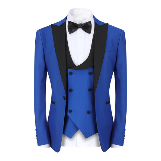 Blue # Men's 3-piece one-button slim fit tuxedo suit with peaked lapel and button closure, blue formal blazer jacket with matching vest and flat-front trousers with extended waist strap, elegant polyester viscose blend wedding suit for prom, business and formal occasions, isolated on white background.