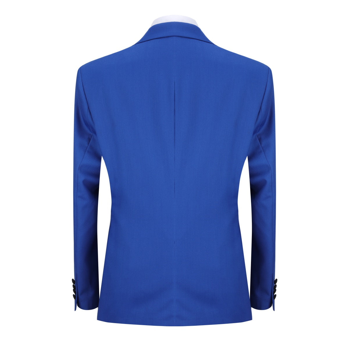 Blue # Men's 3-piece one-button slim fit tuxedo suit with peaked lapel and button closure, blue formal blazer jacket with matching vest and flat-front trousers with extended waist strap, elegant polyester viscose blend wedding suit for prom, business and formal occasions, isolated on white background.