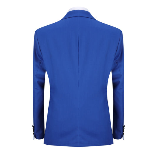 Blue # Men's 3-piece one-button slim fit tuxedo suit with peaked lapel and button closure, blue formal blazer jacket with matching vest and flat-front trousers with extended waist strap, elegant polyester viscose blend wedding suit for prom, business and formal occasions, isolated on white background.